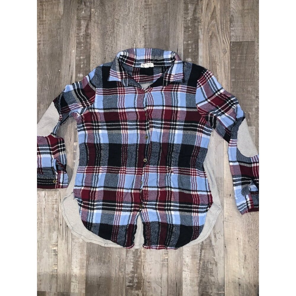 About a Girl - Vintage Patchwork Plaid Button-Up Shirt With Elbow Patches